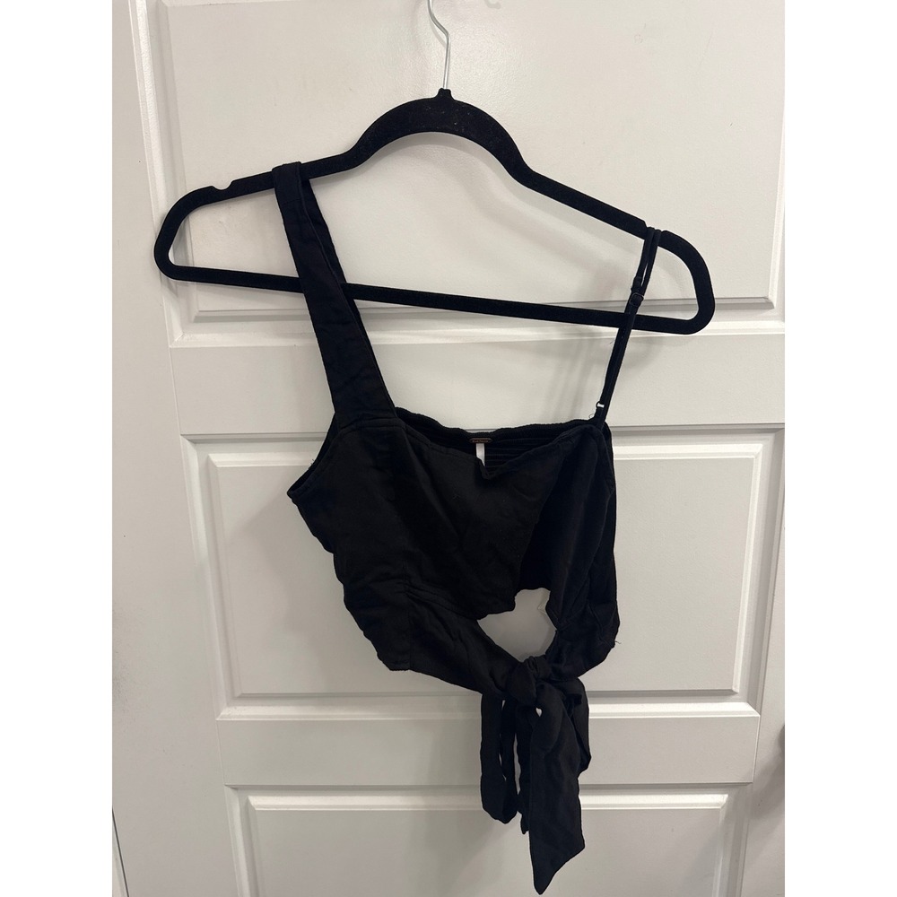 Free People Black One Shoulder Tie Front Crop Top Asymmetrical Smocked Back L